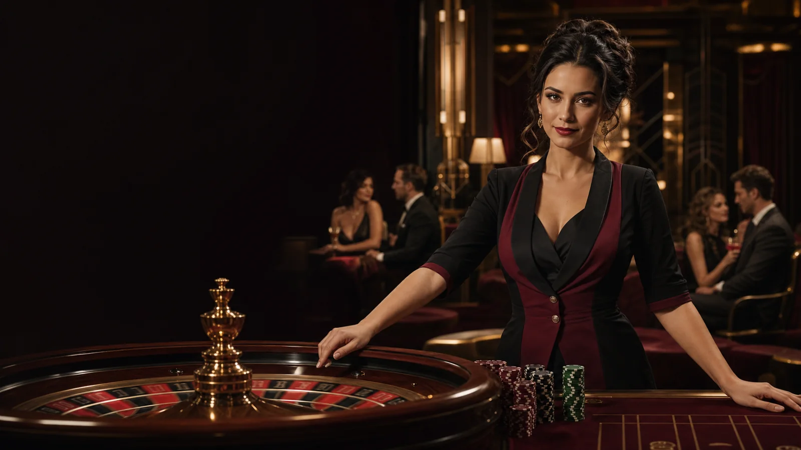 Elegante Roulette-Dealerin in einem dunklen Art-Deco Live-Casino